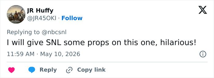 A tweet from JR Huffy praising SNL's Statue Of Liberty in a Burqa sketch as hilarious. A tweet from JR Huffy praising SNL's Statue Of Liberty in a Burqa sketch as hilarious.