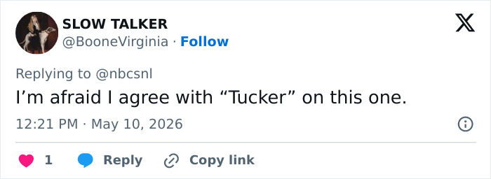 A tweet from @BooneVirginia, Slow Talker, agreeing with "Tucker" on SNL's Statue Of Liberty in a Burqa Met Gala outfits sketch. A tweet from @BooneVirginia, Slow Talker, agreeing with "Tucker" on SNL's Statue Of Liberty in a Burqa Met Gala outfits sketch.