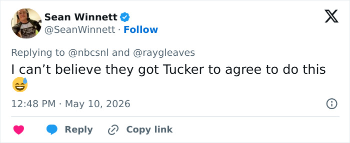 Sean Winnett's tweet in reply to SNL, expressing disbelief about Tucker's involvement, likely related to Met Gala outfits. Sean Winnett's tweet in reply to SNL, expressing disbelief about Tucker's involvement, likely related to Met Gala outfits.