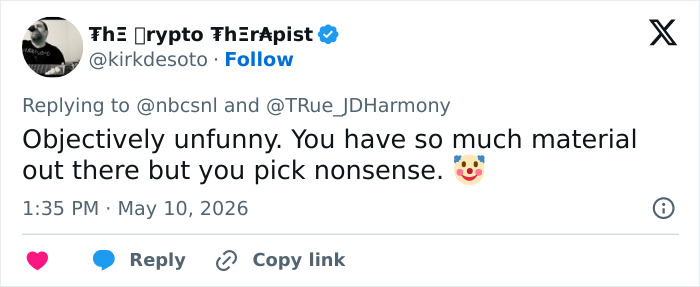A Twitter user criticizes SNL for "Objectively unfunny" content, possibly related to Statue Of Liberty In A Burqa skit. A Twitter user criticizes SNL for "Objectively unfunny" content, possibly related to Statue Of Liberty In A Burqa skit.