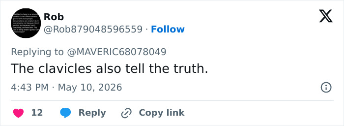 A tweet by Rob, saying The clavicles also tell the truth, in response to Irina Shayk male body accusations. A tweet by Rob, saying The clavicles also tell the truth, in response to Irina Shayk male body accusations.