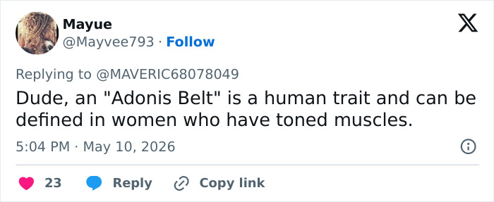 Mayue's tweet defining Adonis Belt as a human trait and not a male body feature, after Irina Shayk's Met Gala outfit. Mayue's tweet defining Adonis Belt as a human trait and not a male body feature, after Irina Shayk's Met Gala outfit.