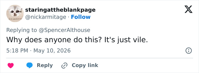 A Twitter reply from "staringattheblankpage" saying "Why does anyone do this? It's just vile." referencing Matt Damon's SNL sketch.
