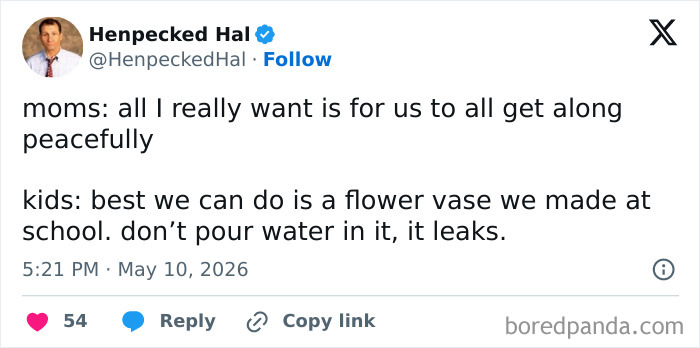 Mom wants peace but kids offer fragile school-made flower vase that leaks
