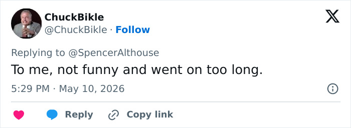 A tweet from ChuckBikle saying, To me, not funny and went on too long, commenting on Matt Damon's SNL sketch.