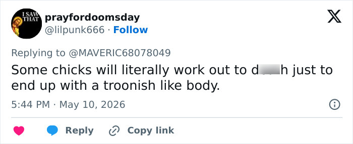 A social media tweet featuring offensive language, with the term "male body" being central to the comment's context. A social media tweet featuring offensive language, with the term "male body" being central to the comment's context.