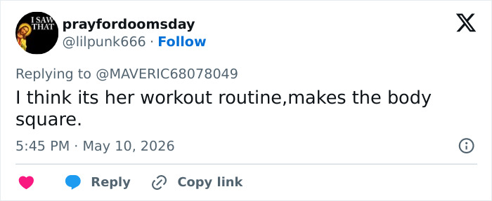 A tweet from @prayfordoomsday commenting on Irina Shayk's male body accusation, mentioning workout routines making the body square. A tweet from @prayfordoomsday commenting on Irina Shayk's male body accusation, mentioning workout routines making the body square.