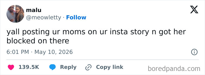 A tweet from @meowletty about moms being blocked on Instagram stories, highlighting the funny ups and downs of motherhood.
