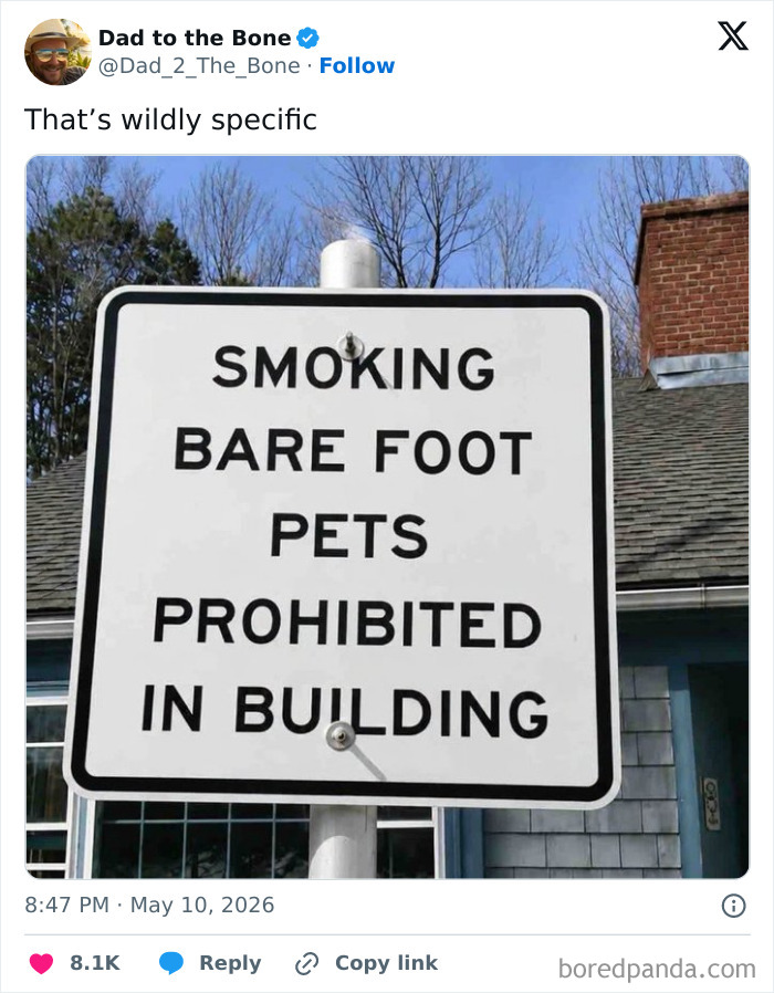 Funny sign banning smoking, bare foot, and pets in building