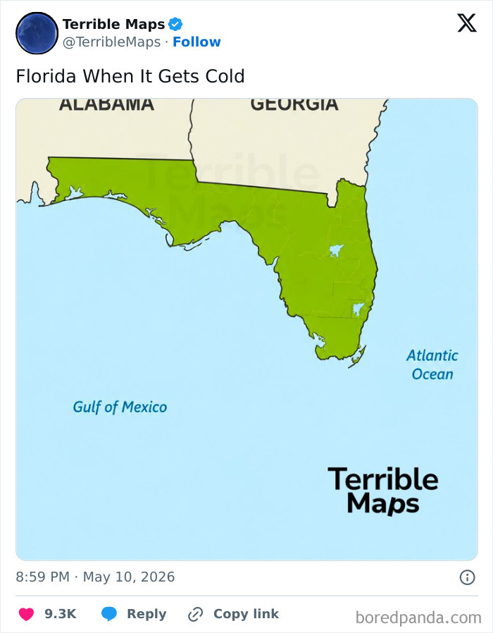 Map of Florida shown as a green horizontal strip with Gulf of Mexico and Atlantic Ocean labeled