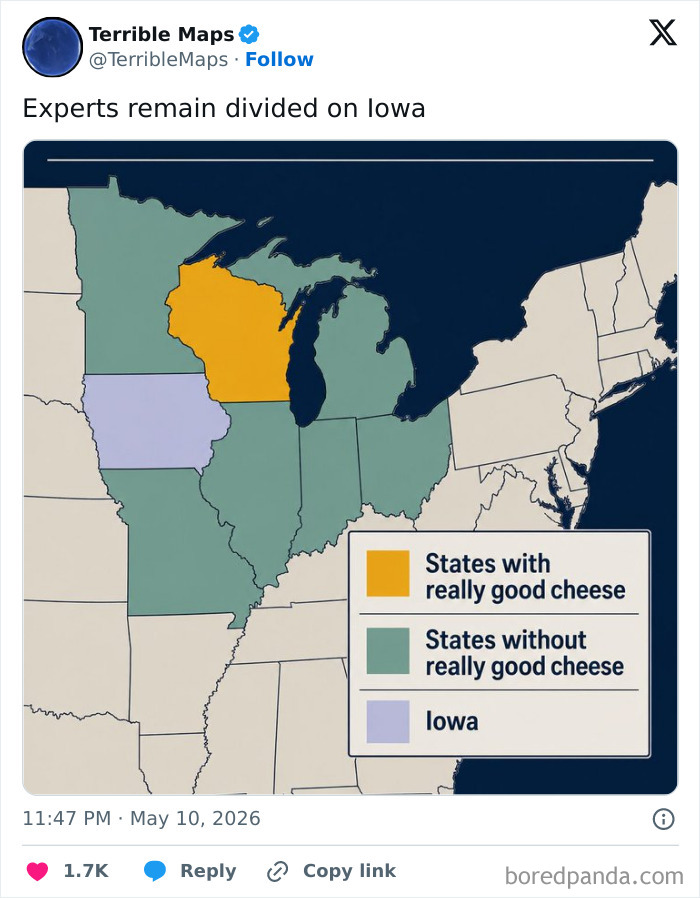 Map showing Iowa in purple, states with good cheese in orange, and others in green