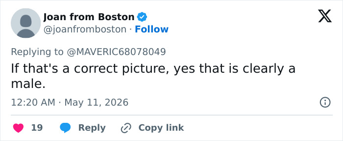 A Twitter post from Joan from Boston with a comment stating: "If that's a correct picture, yes that is clearly a male." This relates to Irina Shayk male body accusations. A Twitter post from Joan from Boston with a comment stating: "If that's a correct picture, yes that is clearly a male." This relates to Irina Shayk male body accusations.