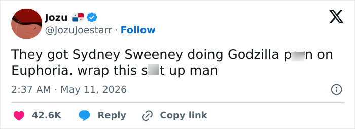 A tweet about Sydney Sweeney in Euphoria, discussing her career and Euphoria scenes. The tweet expresses strong opinions.