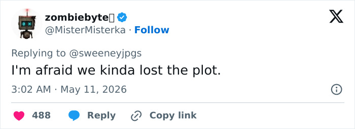 A tweet from user zombiebyte saying "I'm afraid we kinda lost the plot," relevant to Sydney Sweeney fans and her career.