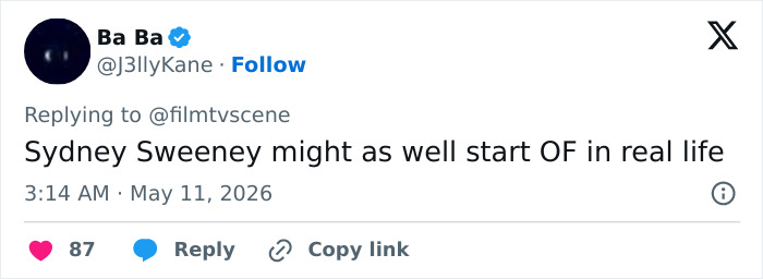 A tweet from "Ba Ba" saying "Sydney Sweeney might as well start OF in real life," sparking career discussions.