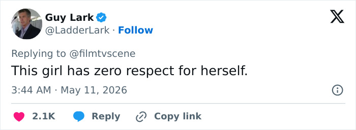 A tweet by Guy Lark saying This girl has zero respect for herself, referencing Sydney Sweeney's Euphoria scenes.