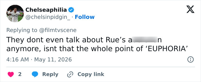 A tweet from Chelseaaphilia discussing Euphoria, sparking Sydney Sweeney career debate.