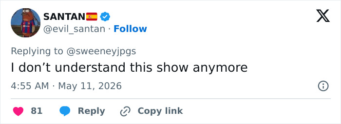 A tweet from @evil_santan saying, "I don't understand this show anymore," related to Sydney Sweeney career concerns.