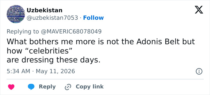 A tweet from Uzbekistan, May 11, 2026, about celebrities dressing. Relates to Irina Shayk and a male body. A tweet from Uzbekistan, May 11, 2026, about celebrities dressing. Relates to Irina Shayk and a male body.