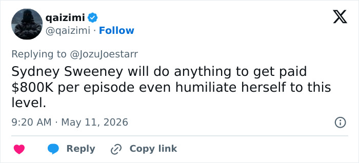 A tweet from @qaizimi about Sydney Sweeney and Euphoria scenes, suggesting she "ruined her career" for payment.