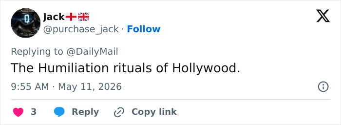 A tweet from Jack, featuring a profile picture with a helmet, reads: The Humiliation rituals of Hollywood. Related to Sydney Sweeney Euphoria scenes.