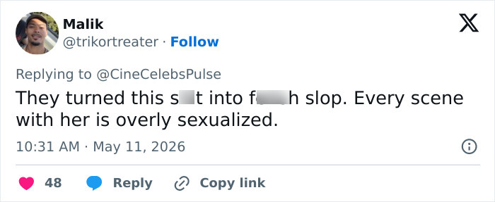 A Twitter comment regarding Sydney Sweeney's career, stating Euphoria scenes are overly sexualized.