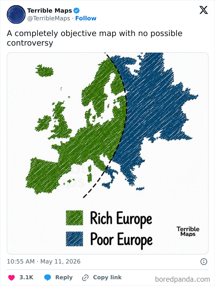 Map of Europe divided into Rich Europe in green and Poor Europe in blue