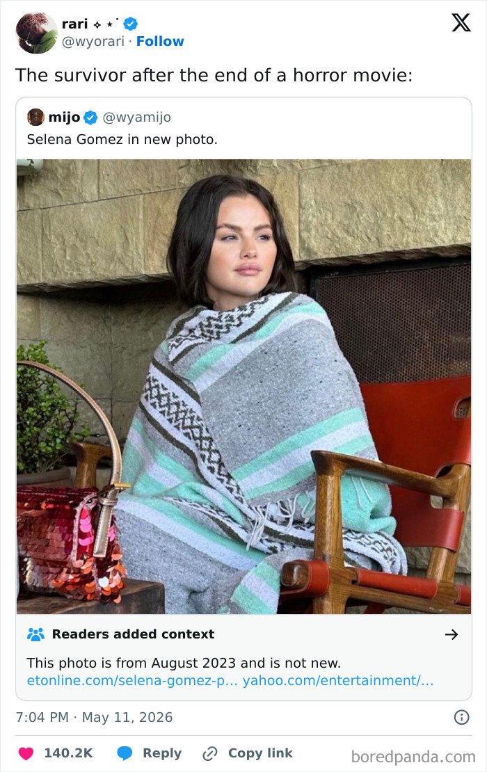 A funny tweet showing Selena Gomez wrapped in a blanket, representing a survivor in a horror movie, part of hilarious cinephile tweets.
