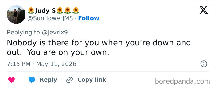 Tweet about being on your own when down in adult problems