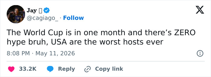 A tweet from Jay complaining about the World Cup having zero hype and USA being the worst hosts ever, reflecting negative soccer fans sentiment. A tweet from Jay complaining about the World Cup having zero hype and USA being the worst hosts ever, reflecting negative soccer fans sentiment.