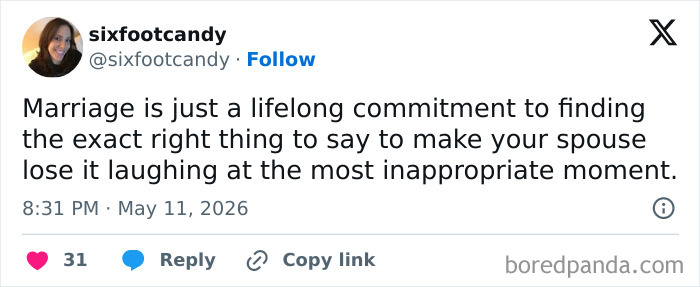 Humorous tweet about marriage commitment and making spouse laugh unexpectedly