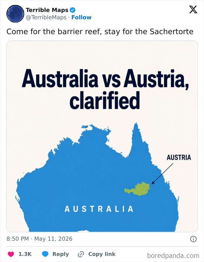 Map comparing Australia and Austria highlighting their distinct locations