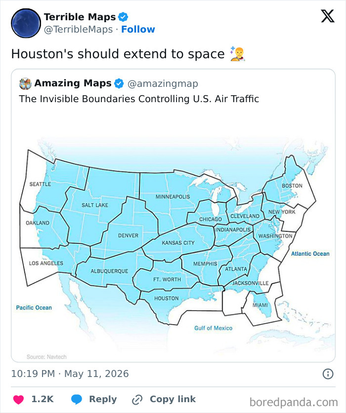 US map depicting air traffic control zones with Houston-centered area highlighted in blue