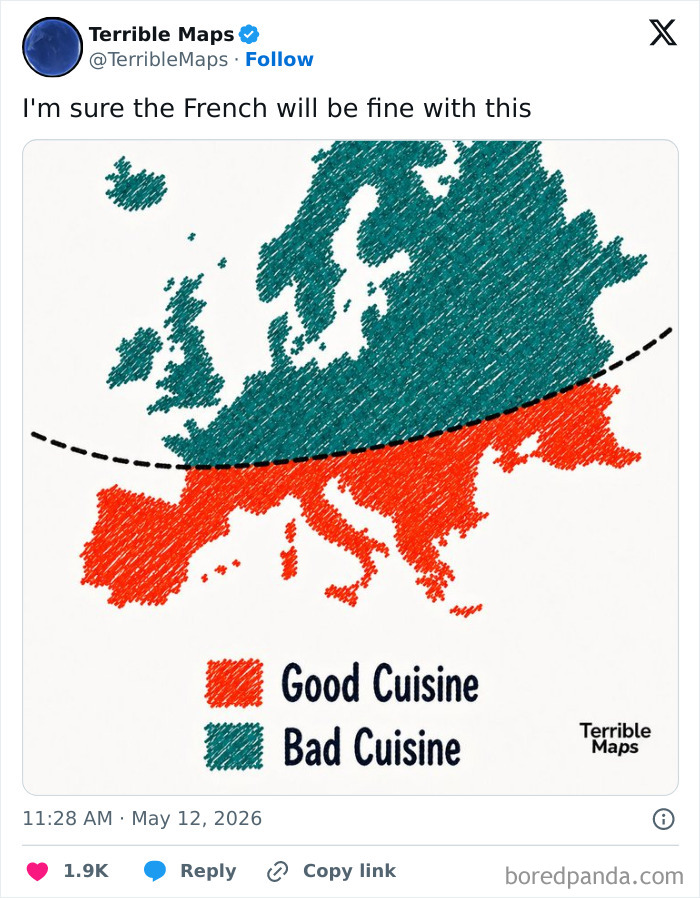 European map illustrating good cuisine in southern Europe and bad cuisine in northern Europe