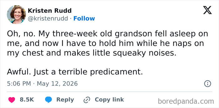 Funny parenting confession about holding a three-week old grandson napping on chest