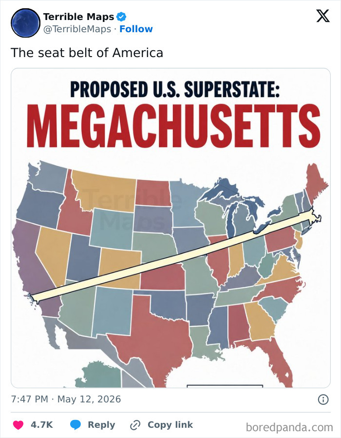 Proposed US superstate Megachusetts shown on a colorful map of America with a seat belt graphic