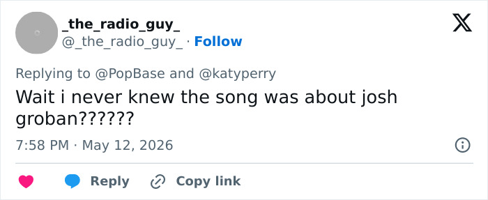Katy Perry’s Snarky Comment On Ex Josh Groban’s Engagement Starts Frenzy: “The Queen Of Being Relatable” Katy Perry’s Snarky Comment On Ex Josh Groban’s Engagement Starts Frenzy: “The Queen Of Being Relatable”