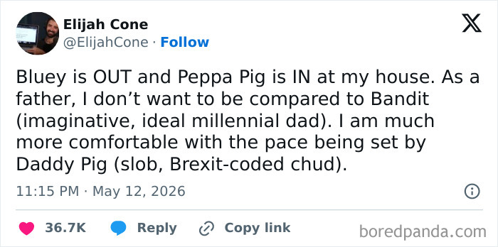 Parenting humor about preferring Peppa Pig over Bluey for father role