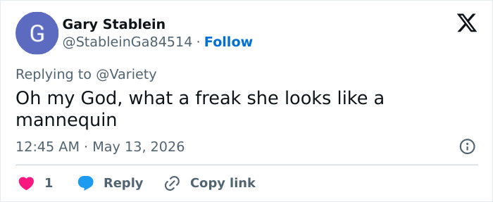 A Twitter user comments Oh my God, what a freak she looks like a mannequin, highlighting ageism at Cannes Film Festival. A Twitter user comments Oh my God, what a freak she looks like a mannequin, highlighting ageism at Cannes Film Festival.