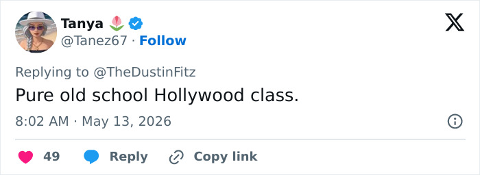 Tweet elogiando Joan Collins, pura aula da velha escola de Hollywood