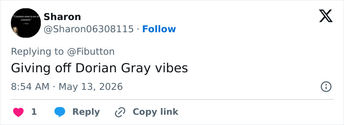 A tweet by user Sharon saying "Giving off Dorian Gray vibes." Boomers are stealing the show at Cannes Film Festival. A tweet by user Sharon saying "Giving off Dorian Gray vibes." Boomers are stealing the show at Cannes Film Festival.
