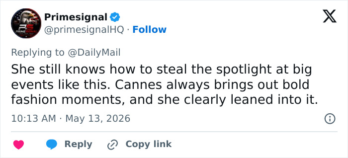 A tweet from Primesignal, May 13, 2026, about Boomers stealing the show at Cannes Film Festival with bold fashion. A tweet from Primesignal, May 13, 2026, about Boomers stealing the show at Cannes Film Festival with bold fashion.
