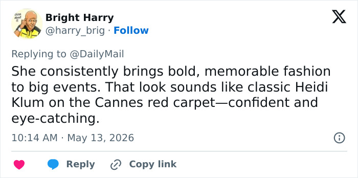 A tweet from "Bright Harry" about Heidi Klum's Cannes Film Festival fashion. Boomers are stealing the show. A tweet from "Bright Harry" about Heidi Klum's Cannes Film Festival fashion. Boomers are stealing the show.