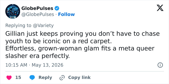 A tweet praising Gillian's ageless glam on the red carpet, a stark contrast to younger women ignored at Cannes Film Festival. A tweet praising Gillian's ageless glam on the red carpet, a stark contrast to younger women ignored at Cannes Film Festival.