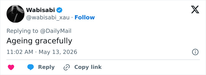 A tweet from @wabisabi_xau, replying to @DailyMail, reads Ageing gracefully. This highlights the Boomers stealing the show theme. A tweet from @wabisabi_xau, replying to @DailyMail, reads Ageing gracefully. This highlights the Boomers stealing the show theme.