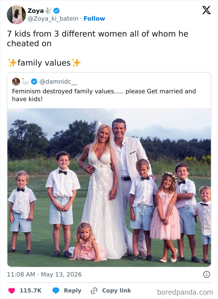 Tweet highlighting family values with seven kids from different women