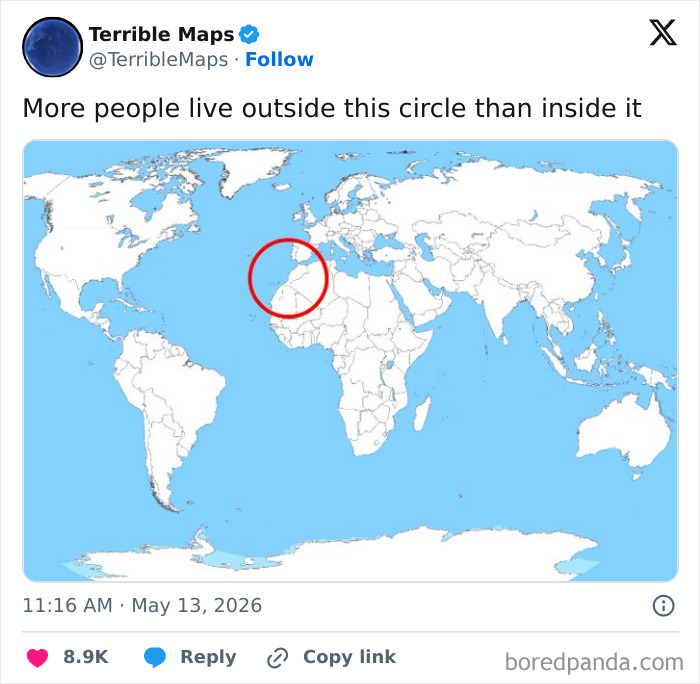 World map showing more people live outside than inside the indicated circle area