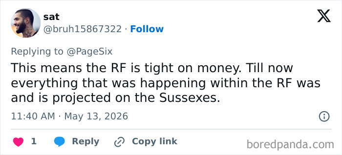 A tweet about the Sussexes and Meghan Markle's necklace, speculating on royal family finances. A tweet about the Sussexes and Meghan Markle's necklace, speculating on royal family finances.