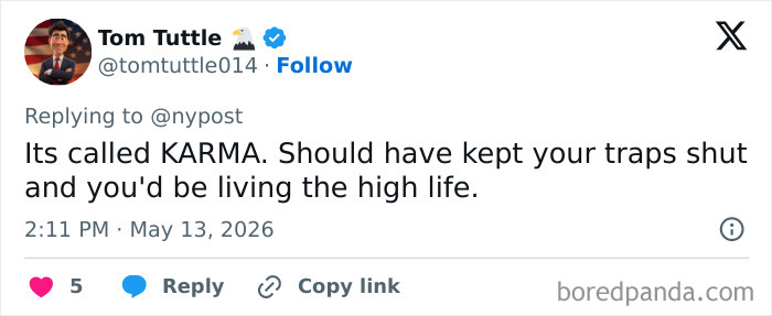 A tweet from Tom Tuttle about Meghan Markle's necklace, saying, Its called KARMA. Should have kept your traps shut. A tweet from Tom Tuttle about Meghan Markle's necklace, saying, Its called KARMA. Should have kept your traps shut.