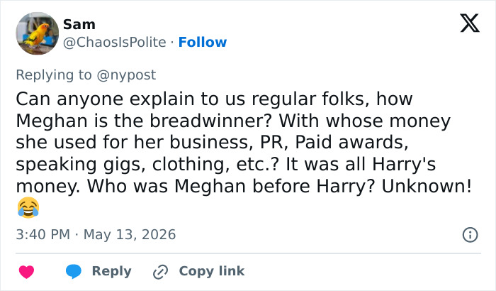 A tweet questions Meghan Markle's financial independence, debating if she is the breadwinner amid Sussexes' reported financial struggles. A tweet questions Meghan Markle's financial independence, debating if she is the breadwinner amid Sussexes' reported financial struggles.